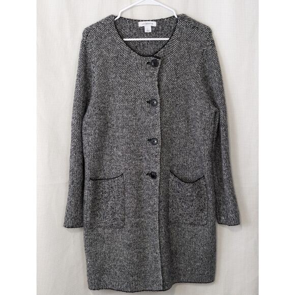 LIZ CLAIBORNE! BLACK, WHITE MICRO WEAVE OVERSIZED CARDI SWEATER! SZ L - Picture 2 of 9